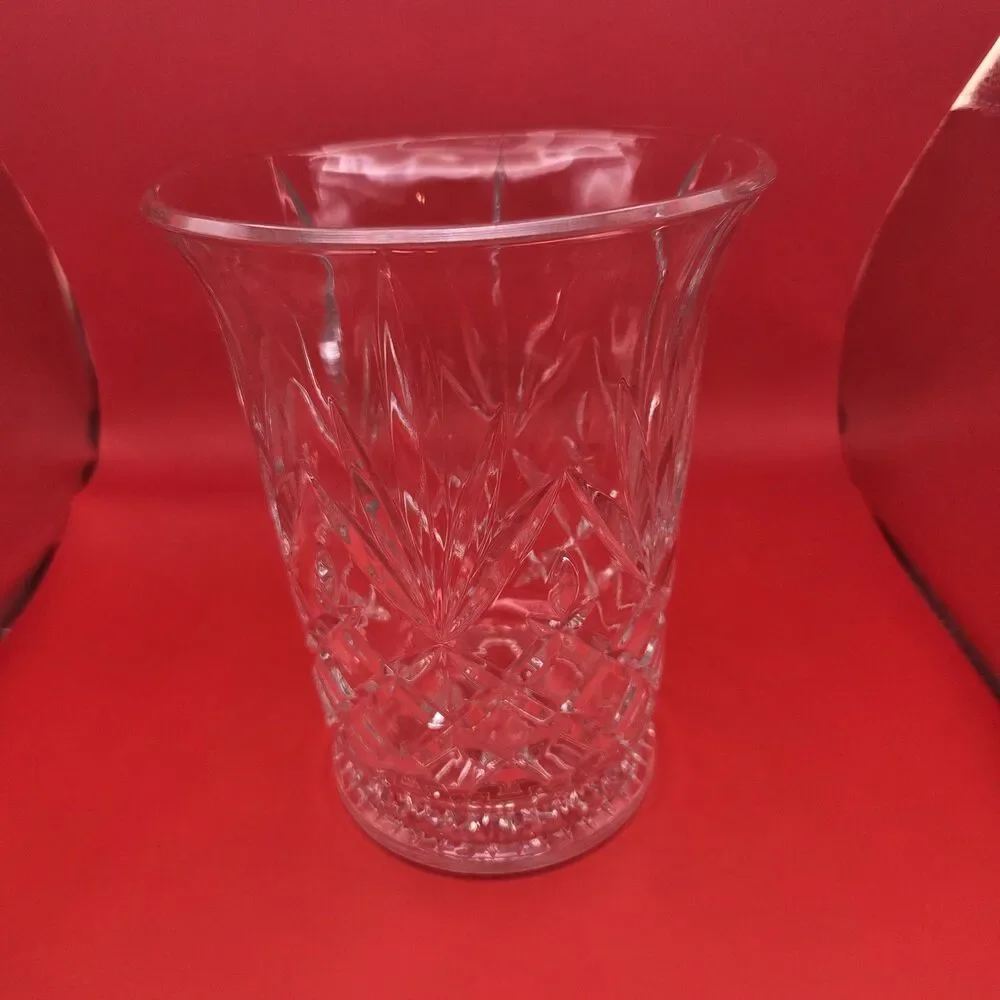 VTG Clear Cut Crystal Glass Flared Flower Vase Diamond Fan Pattern 8 Inch